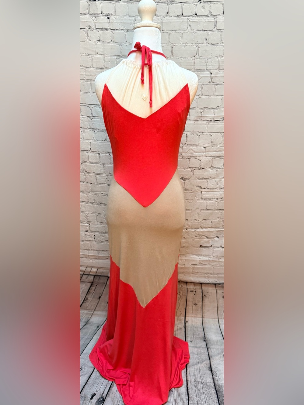 Monteau Coral, Cream & Tan Colorblock Maxi Dress